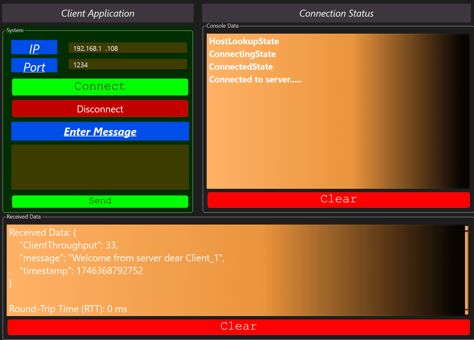 Client dashboard showing RTT and Throughput